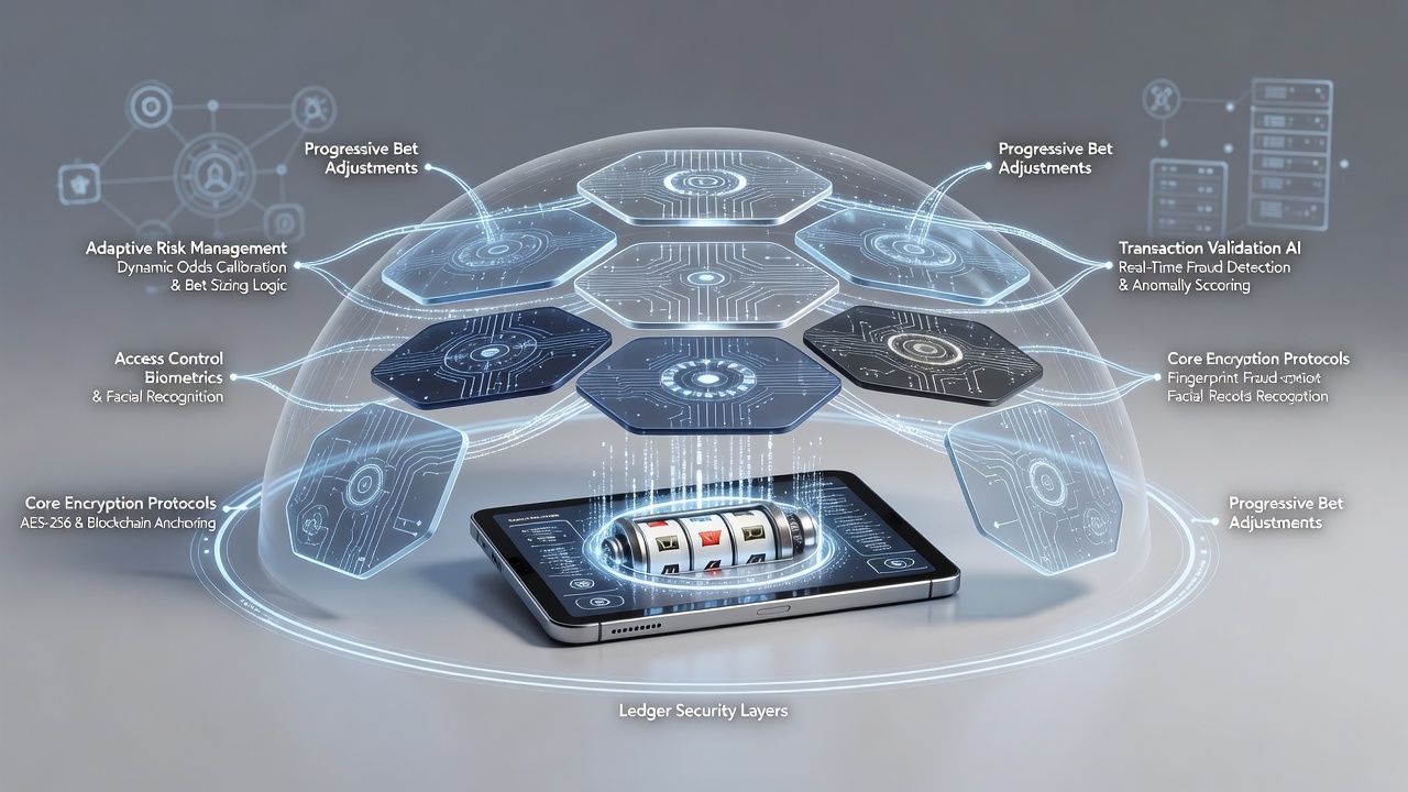 Diagram depicting sequential security layer verification for progressive betting in mobile reel games with highlighted consensus nodes and encryption checkpoints
