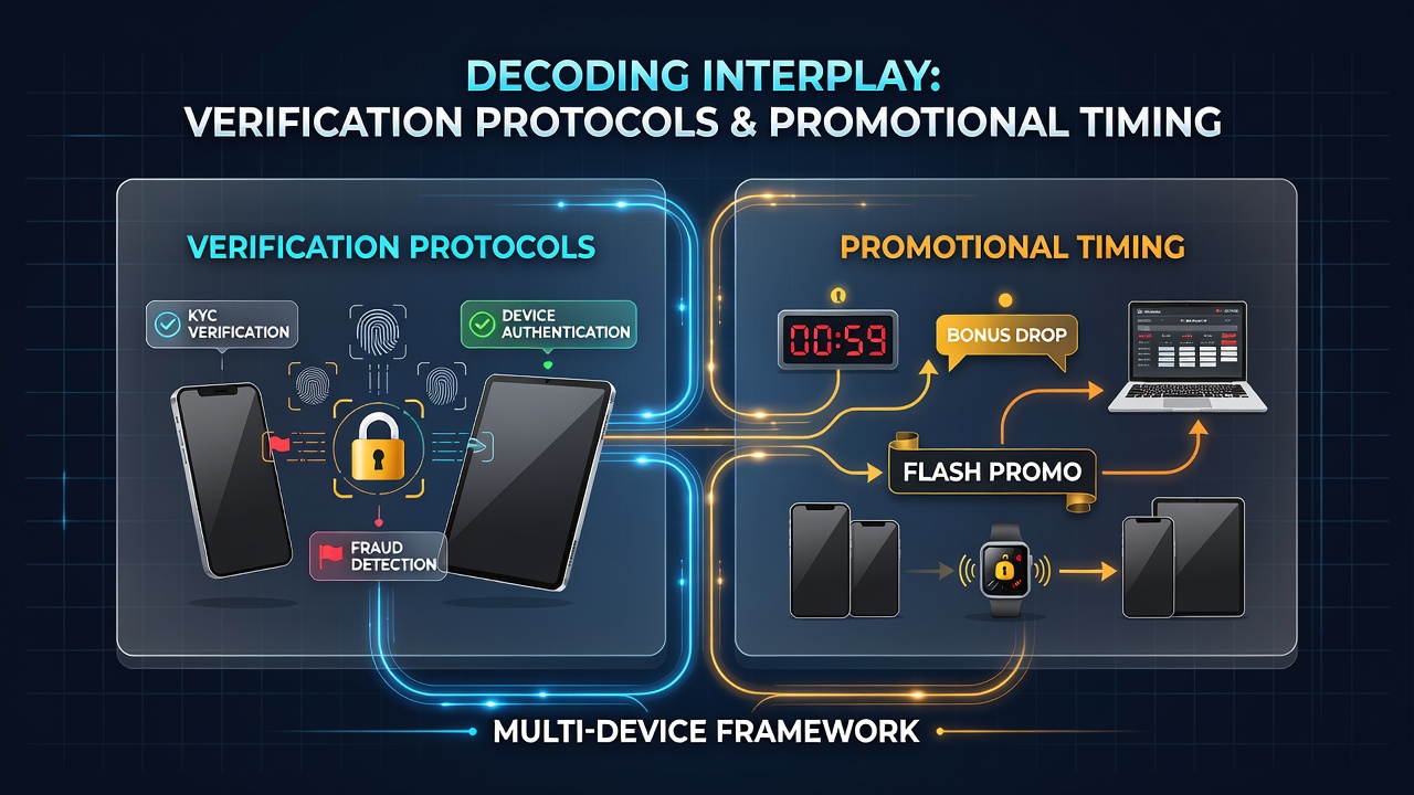 Multi-device gambling interface showing verification steps and timed promotional banners across mobile and desktop screens