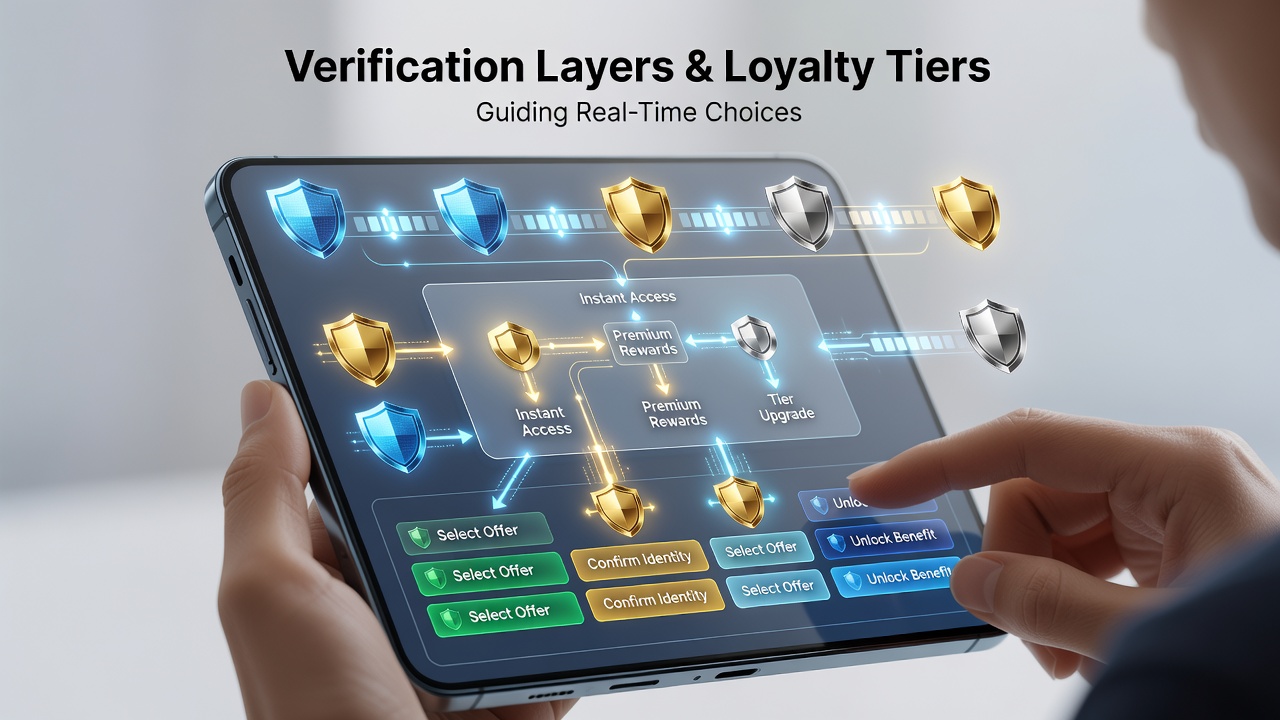 Mobile device displaying verification and loyalty tier interface on a gaming platform