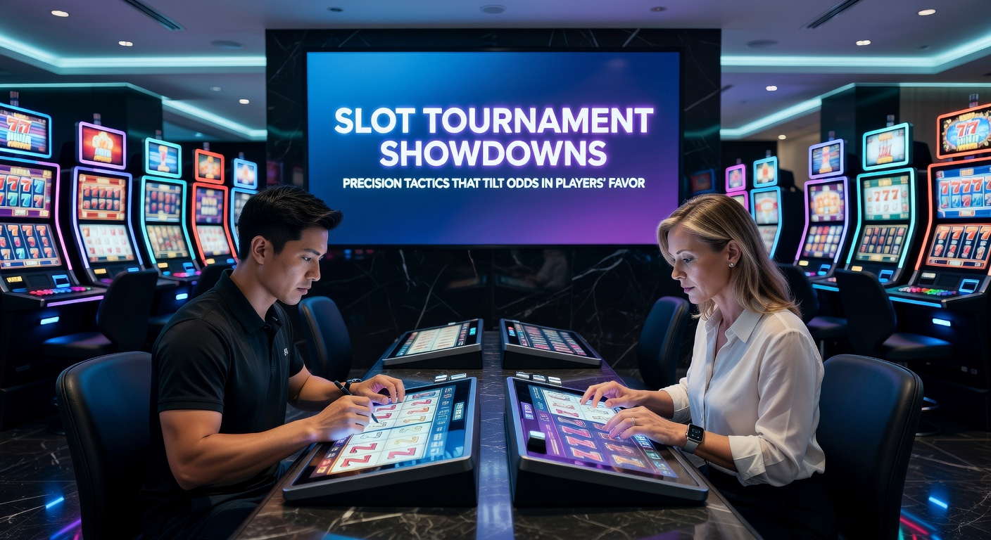 Players competing intensely in a bustling slot tournament arena, screens flashing with spinning reels and leaderboards updating in real-time