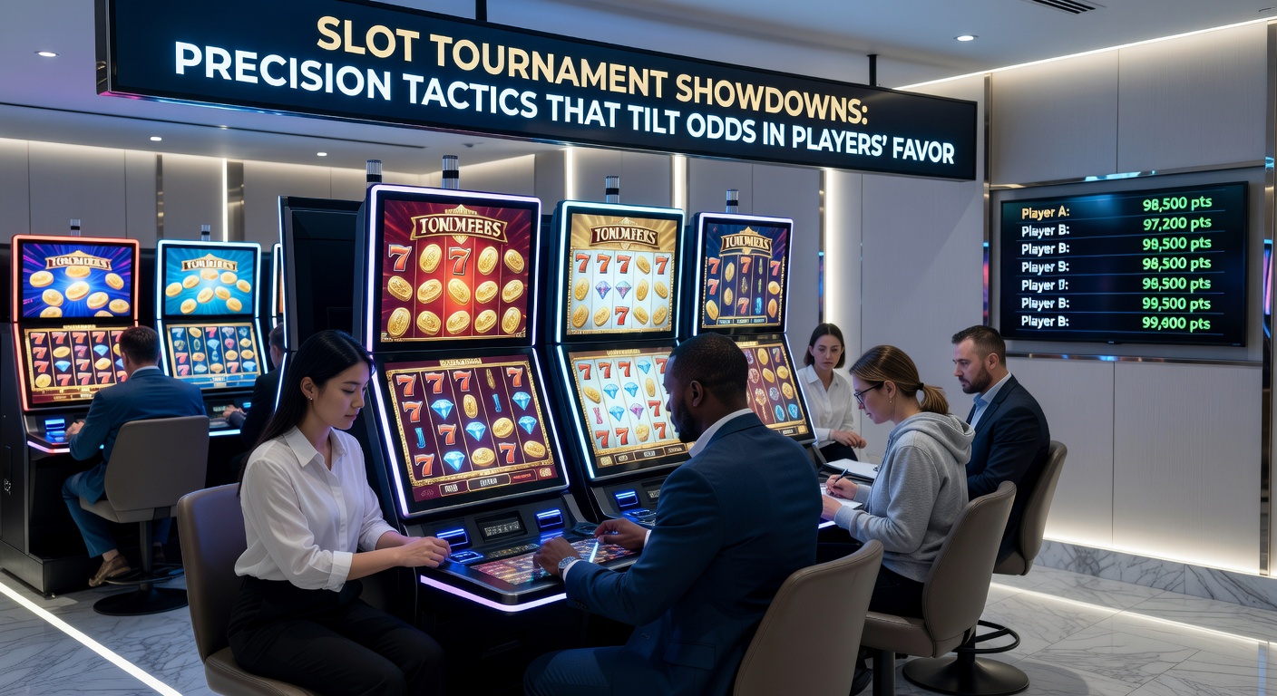 Close-up of a slot machine leaderboard during a tournament, showing top players' scores climbing as the clock ticks down, with excited onlookers in the background