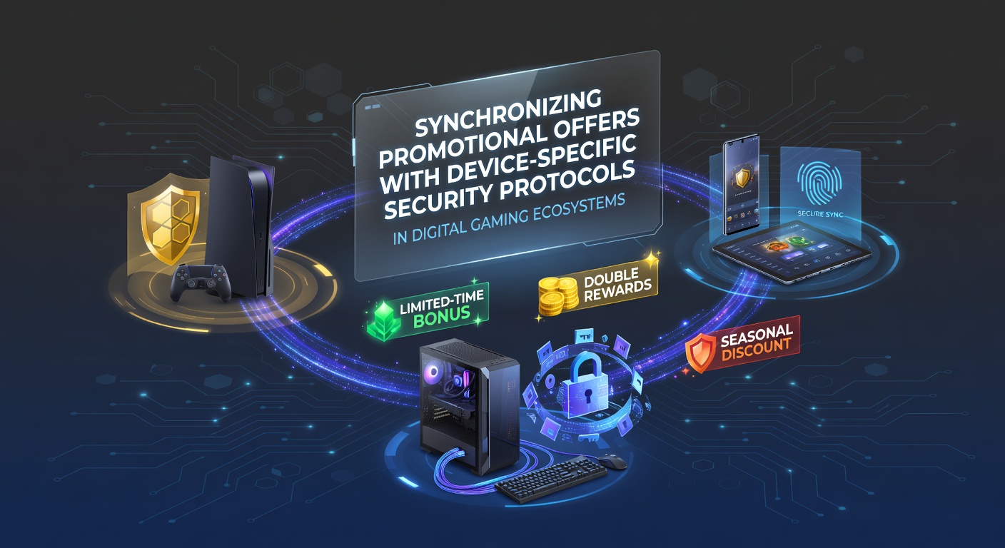 Digital gaming interface showing promotional offers aligned with device security indicators on multiple screens