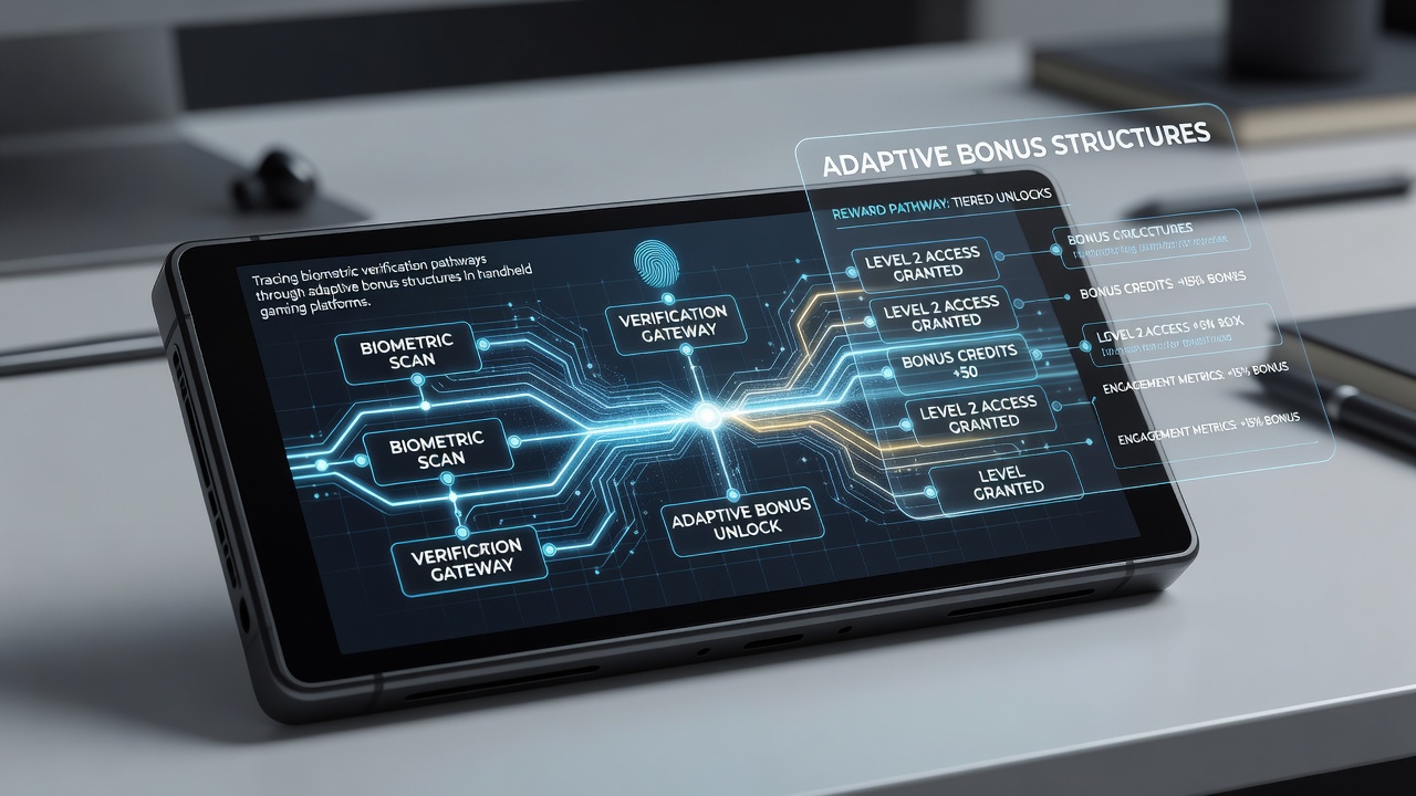 Data flow diagram showing biometric verification linking to adaptive bonus distribution in mobile gaming