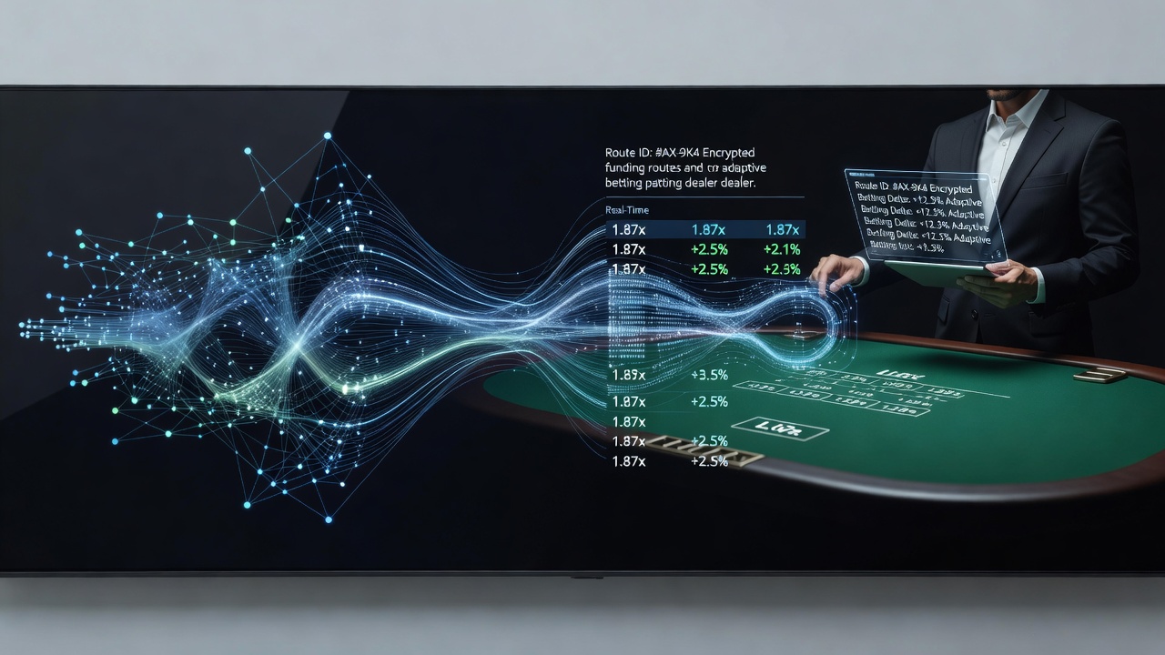 Illustration of encrypted payment flows connecting to live dealer table interfaces