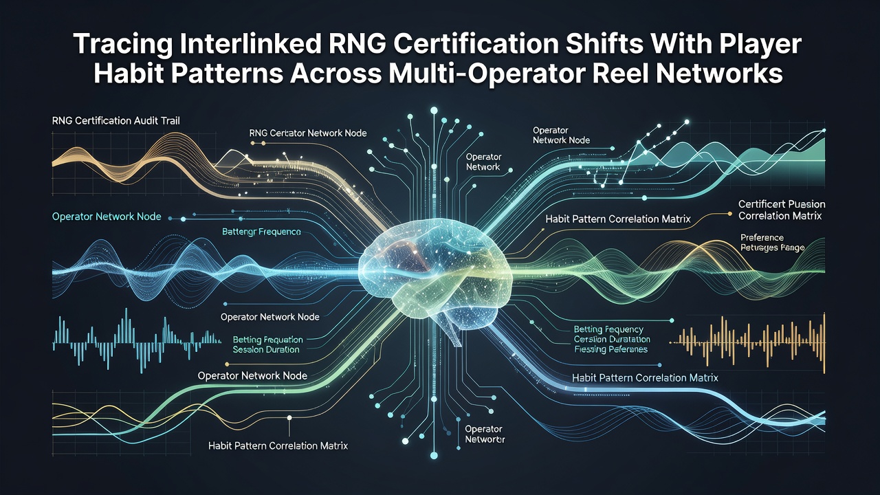 Network diagram showing RNG certification pathways linked to player behavior analytics across multiple slot operators