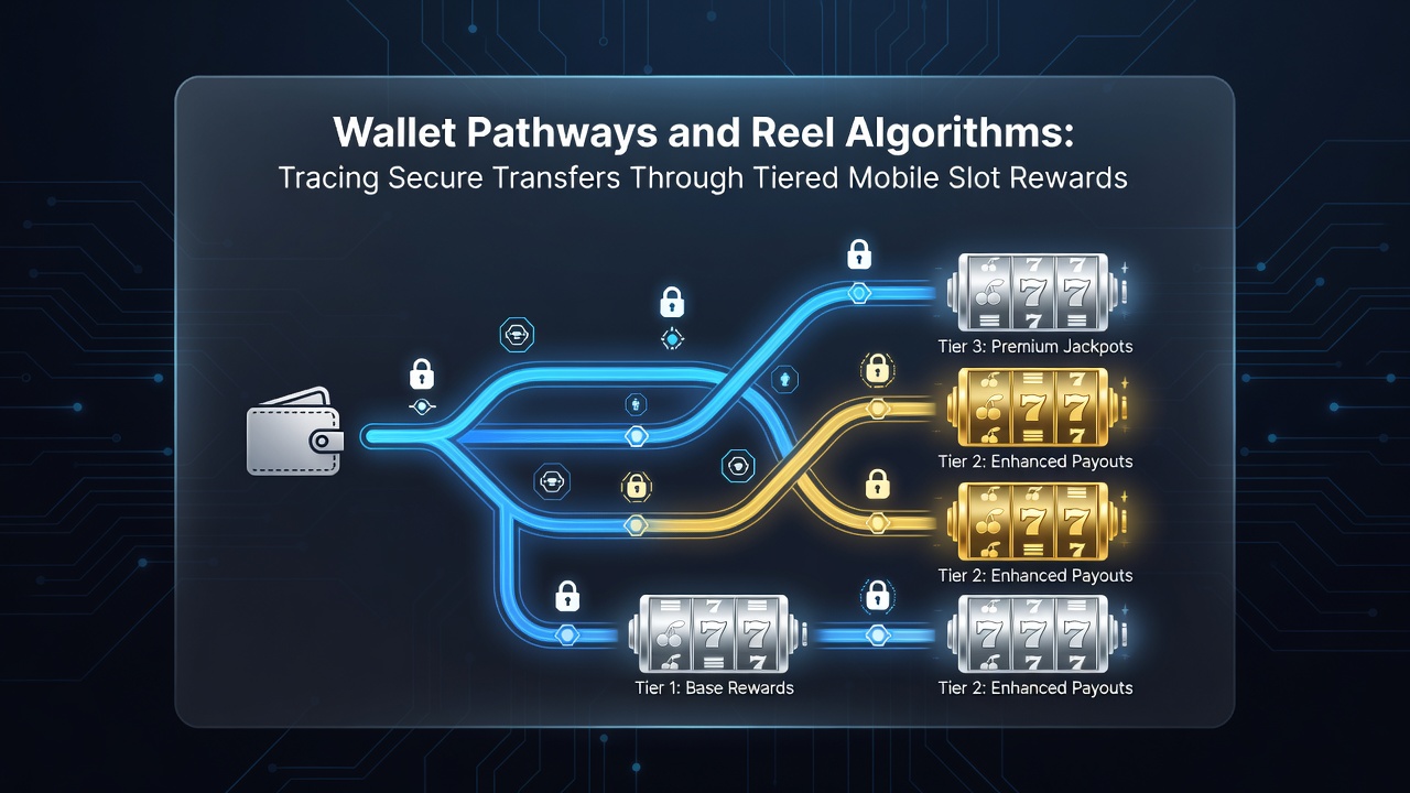 Diagram showing tiered mobile slot rewards connected to secure transfer pathways and algorithmic reel outcomes